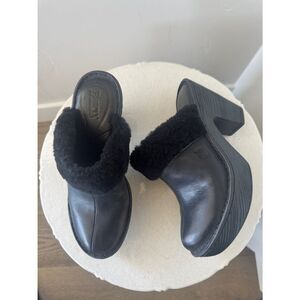 Born Women’s Black Leather Shearling-Trim Platform Mules Slip On Shoes Size 6